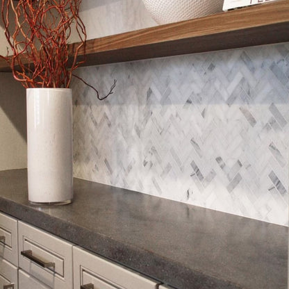 Carrara White T Honed Herringbone Marble Mosaic