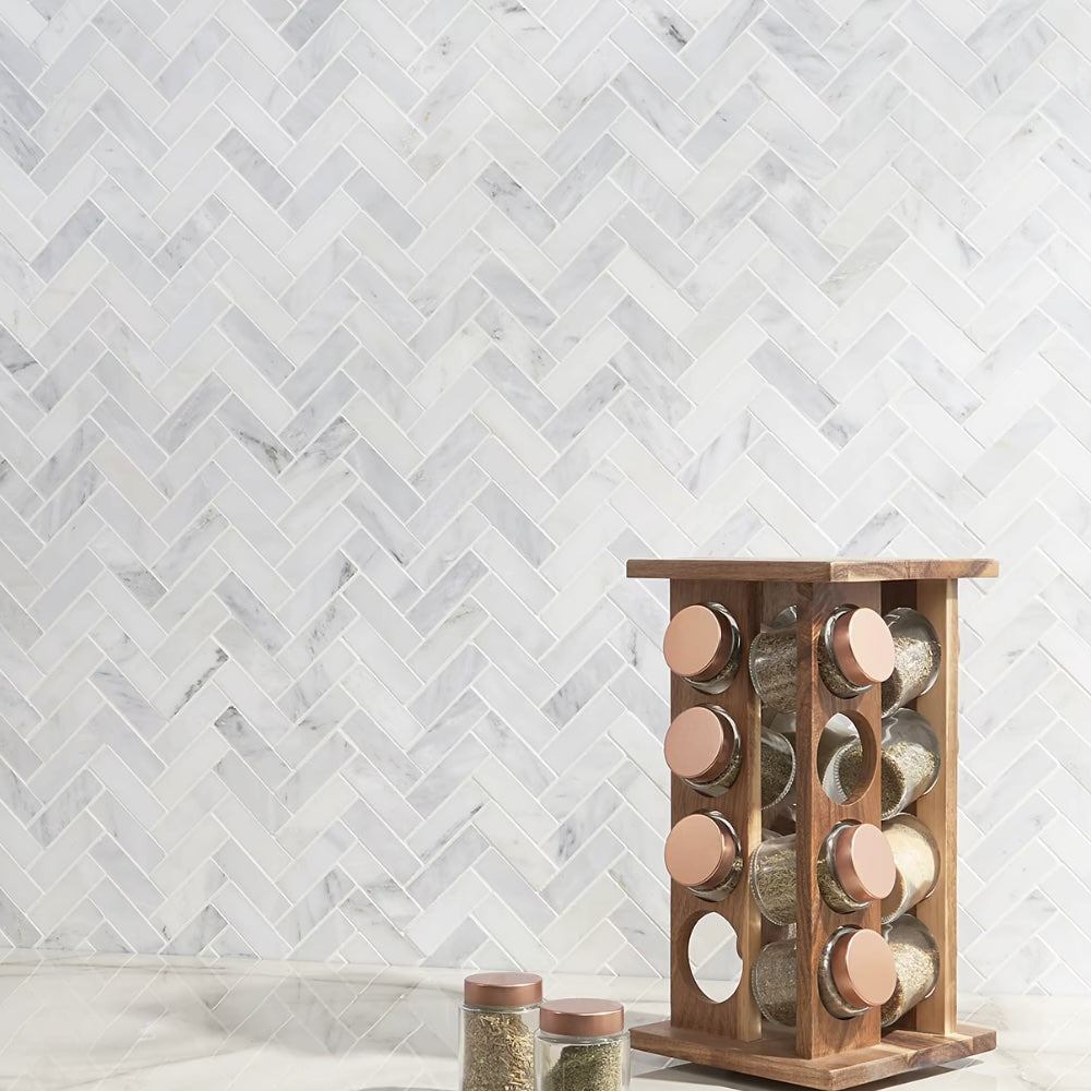 Carrara White T Honed Herringbone Marble Mosaic