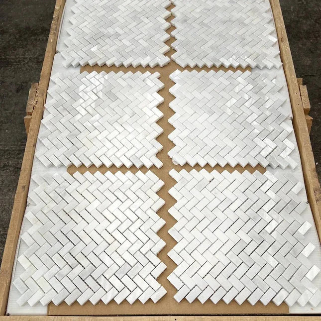 Carrara White T Polished Herringbone Marble Mosaic 15x32x10mm