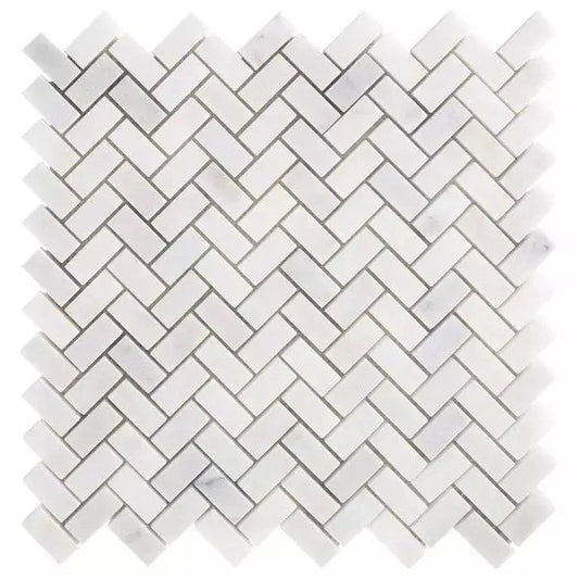 Carrara White T Polished Herringbone Marble Mosaic 15x32x10mm