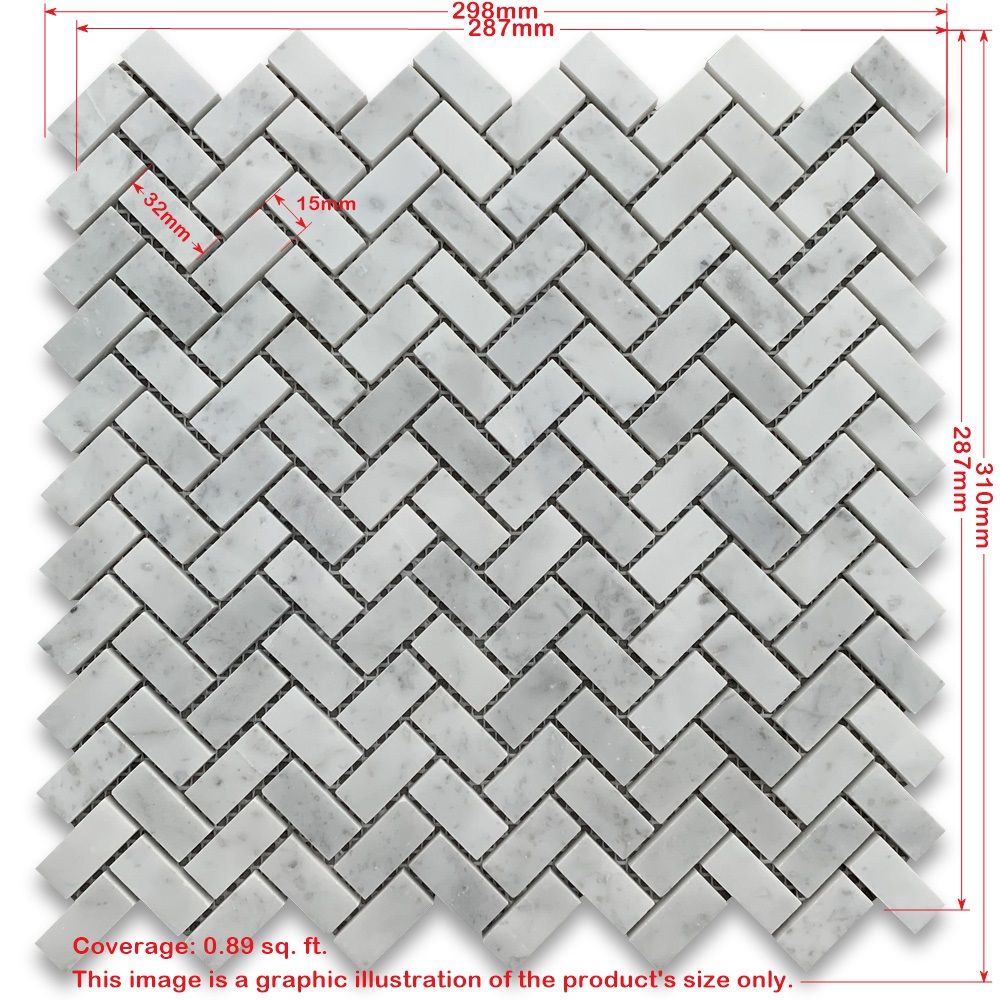 Carrara White T Polished Herringbone Marble Mosaic 15x32x10mm