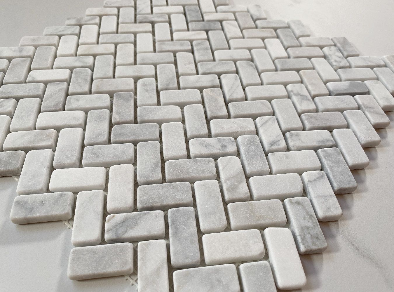 Carrara White T Tumbled Herringbone Marble Mosaic