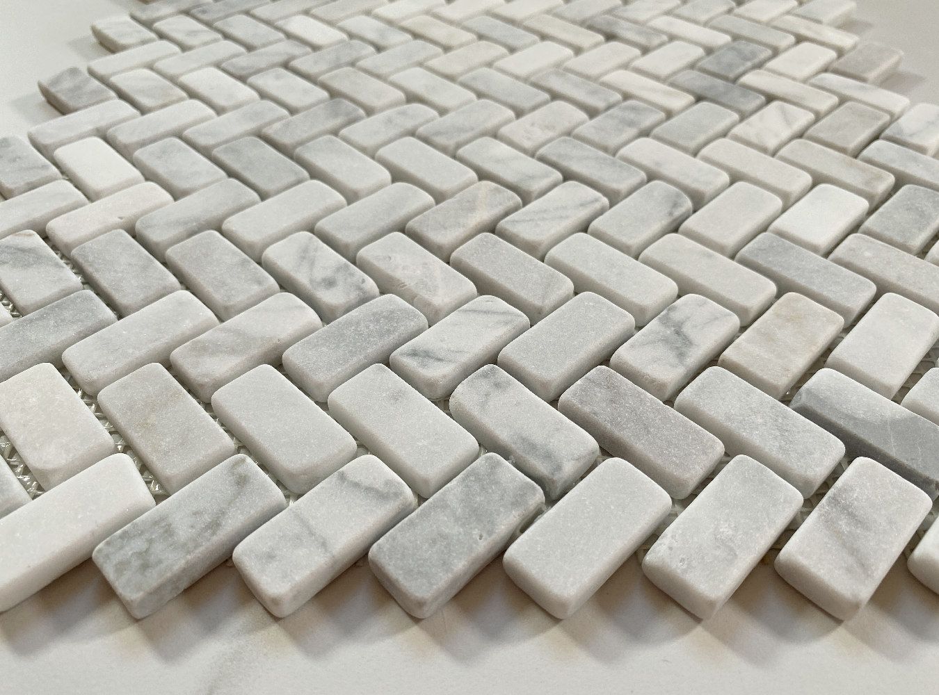 Carrara White T Tumbled Herringbone Marble Mosaic