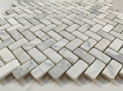 Carrara White T Tumbled Herringbone Marble Mosaic