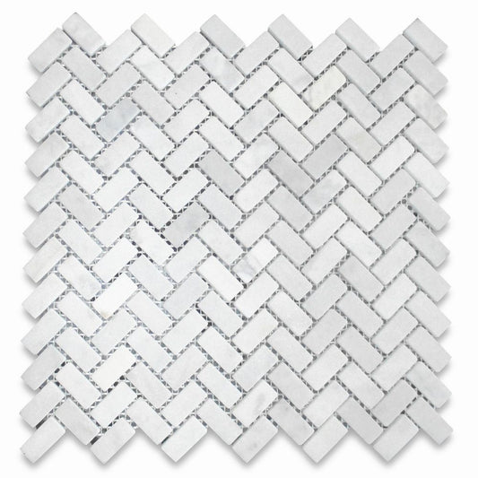 Carrara White T Tumbled Herringbone Marble Mosaic